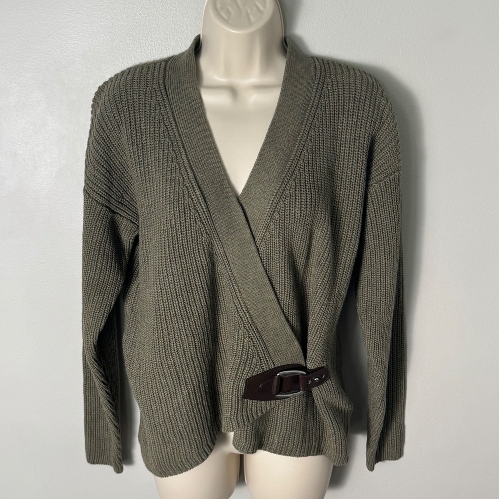 Lauren Ralph Lauren Buckle Trim Wrap Cardigan Olive Green Sz M Knit Sweater